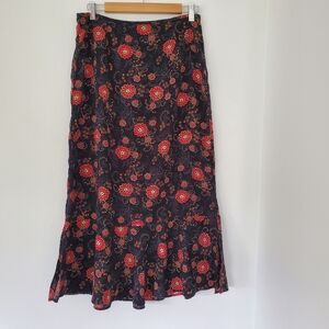 Vintage SAG HARBOR Sz 10 Boho Black Red Floral Midi Skirt Gypsy Ruffle Hem Zip